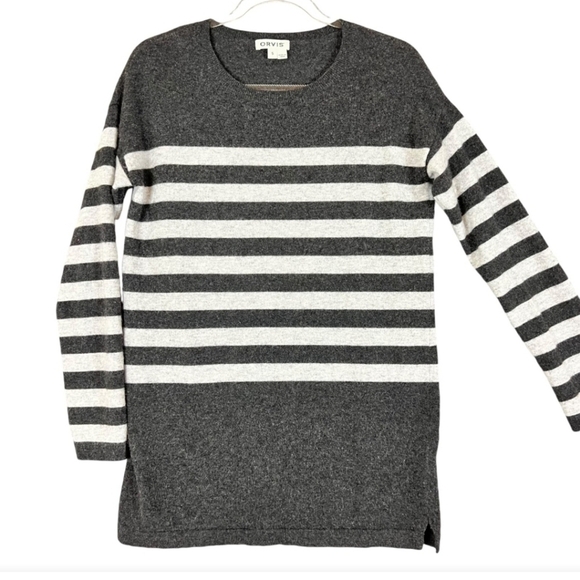 Orvis Women 100% Cashmere Crew Neck Sweater Tunic Size L Gray Striped Soft Comfy - Picture 9 of 10